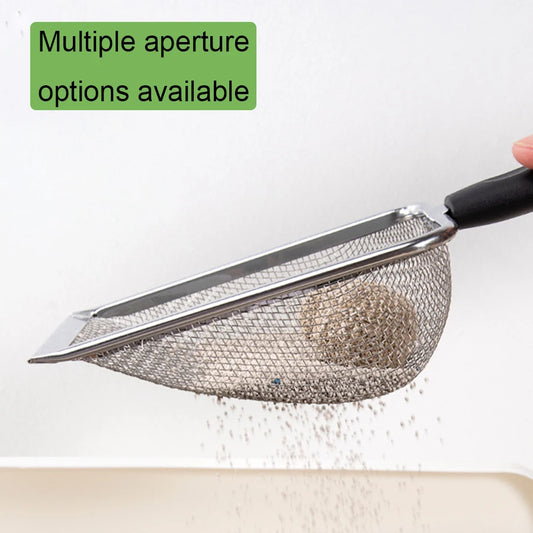 Stainless steel cat litter shovel.